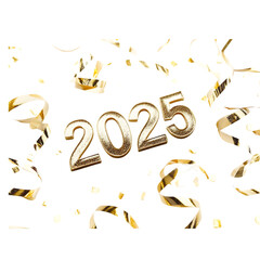 Fototapeta premium Golden 2025 decoration surrounded by festive streamers for New Year celebration in bright atmosphere