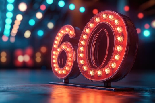 Glowing number 60 sign marking a 60th anniversary or birthday celebration