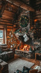 Fototapeta premium Cozy Rustic Cabin Interior Decorated for Christmas