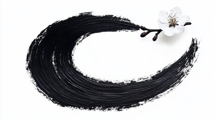 Black ink wave with a delicate white flower, artistic composition on white background.