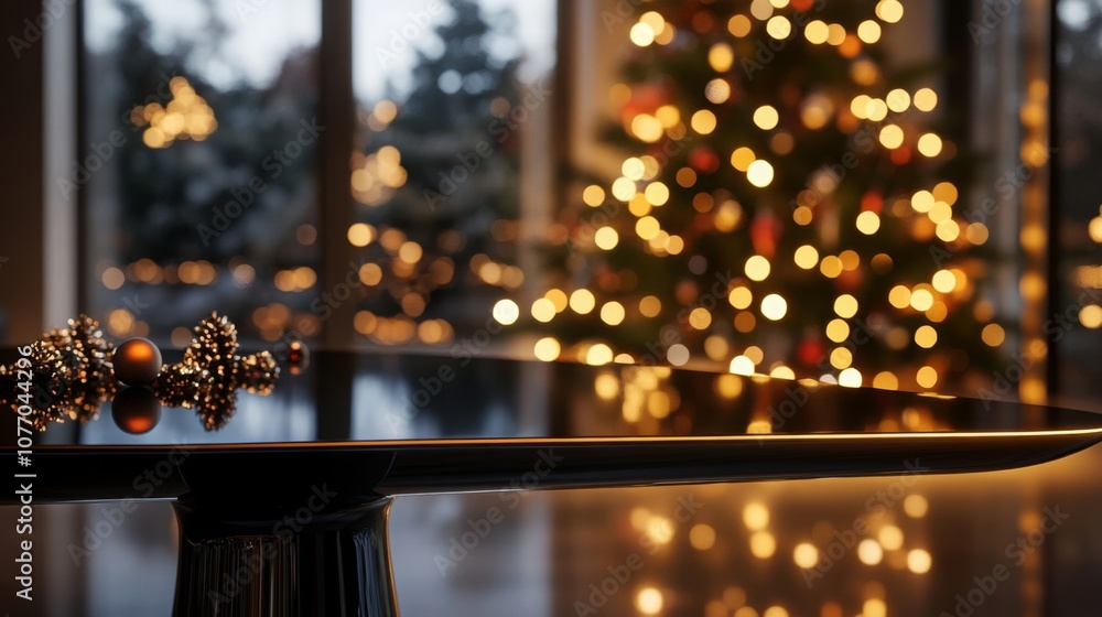 Poster a shiny, black, rectangular table sits in front of a christmas tree decorated with lights, with some