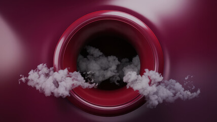 Abstract composition featuring a circular red opening with wisps of white smoke, creating a...