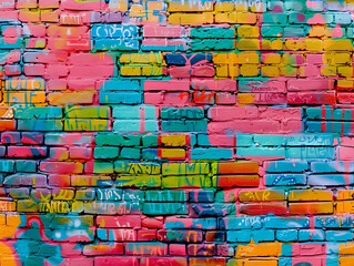 Naklejka premium Colorful graffiti brick wall background, colorful brick wall background, brick texture, colorful graffiti on a dark black background, brick pattern, colorful brick painting,