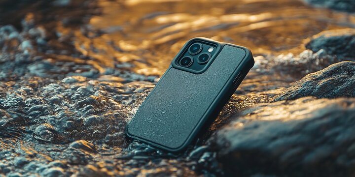 Waterproof phone case on rock by sea at sunset.