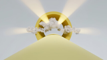 A bright yellow circular sun rises, emitting rays and surrounded by fluffy clouds, symbolizing hope...