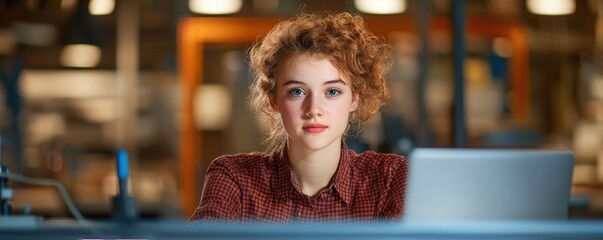 Fototapeta premium A focused young woman with curly hair looks thoughtfully at her computer, surrounded by a warm, modern workspace.