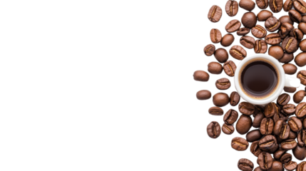 A delightful cup of coffee surrounded by aromatic roasted coffee beans on a white background.