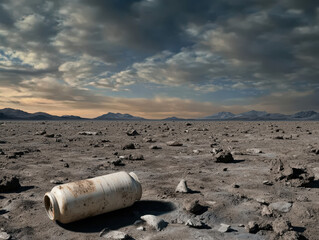 Desolate landscape with discarded plastic bottle on barren ground, evoking environmental concerns