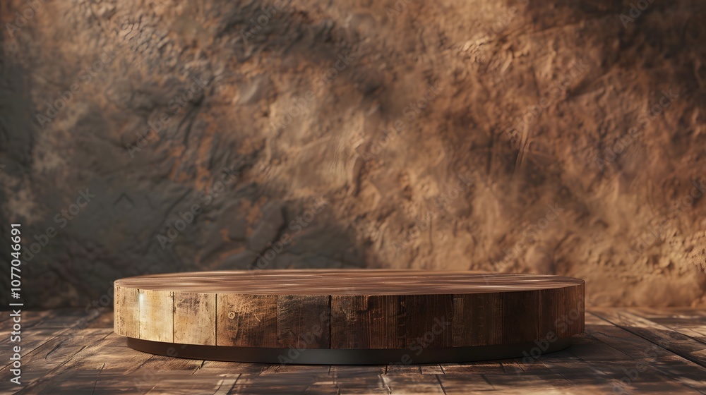 Poster a warm wooden circular display stand set against a textured earthy background in a studio environmen