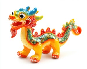 Colorful ceramic dragon figurine, white isolate background.