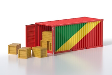 Obraz premium Cargo Container with Open Doors and Congo National Flag Design. Wooden Boxes Stack Isolated on White Background. 3d Rendering