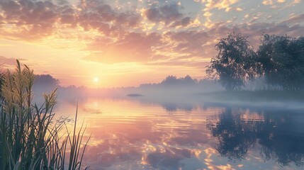 Fototapeta premium Sunrise over a tranquil lake mist rising