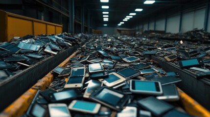 Obraz premium A large pile of discarded smartphones in an industrial recycling facility.