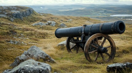 Vintage Cannon on Rustic Landscape with Metal and Wood