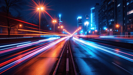 Fototapeta premium Dynamic city road with vibrant light trails at night
