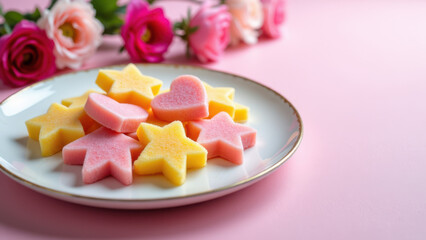 A plate of vibrant star-shaped candies on a floral tablecloth with a pink background.
