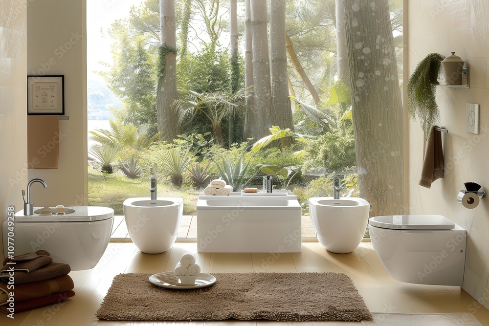 Poster a bathroom with a large window and a view of trees