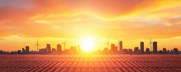 A vibrant sunset over a city skyline, featuring wind turbines and agricultural fields in the foreground, blending nature with urban life.