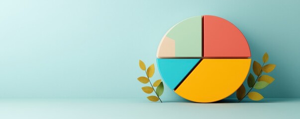 A colorful pie chart on a blue background, partially obscured by green leaves, representing data segmentation and analysis.