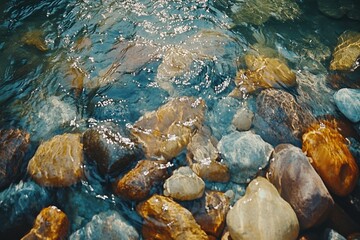 A Stream of Water Flows Over Smooth River Rocks