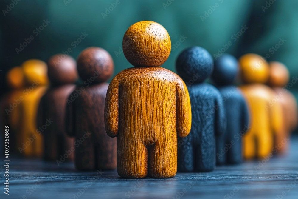 Poster diverse wooden figurines representing unity and individuality in a conceptual background of communit