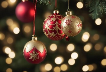 Red and gold Christmas ornaments hanging against a sparkling bokeh background