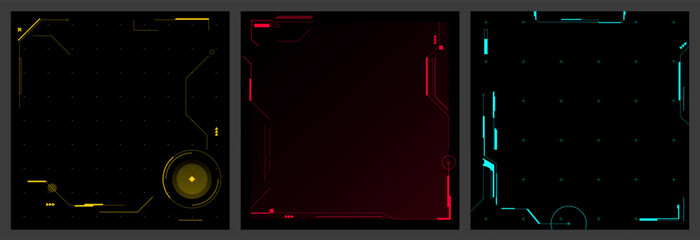 Futuristic tech backgrounds. Abstract cyber backdrop, sci fi digital interface square, high technology UI with geometric frames for video game menu design. Vector set. © WinWin
