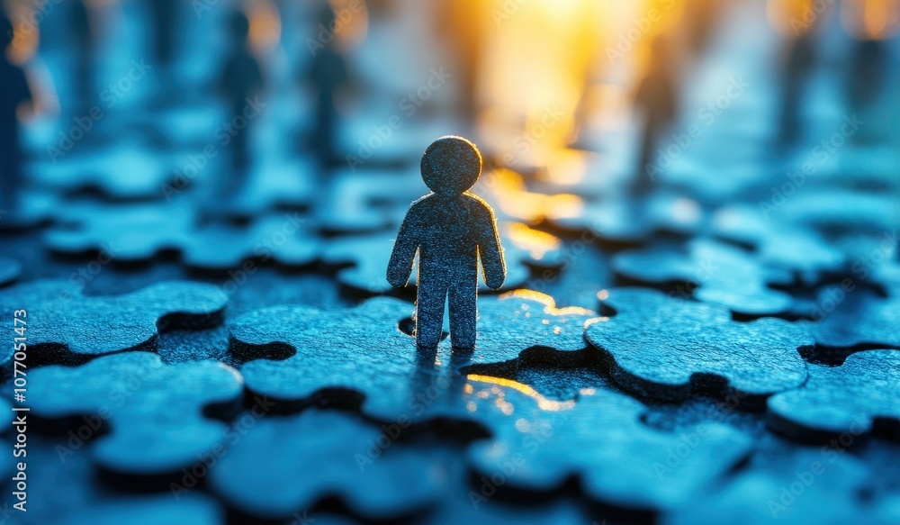 Poster silhouette of a figure standing among puzzle pieces with a soft glowing background representing indi