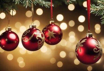 Obraz premium Red and gold Christmas ornaments hanging against a sparkling bokeh background