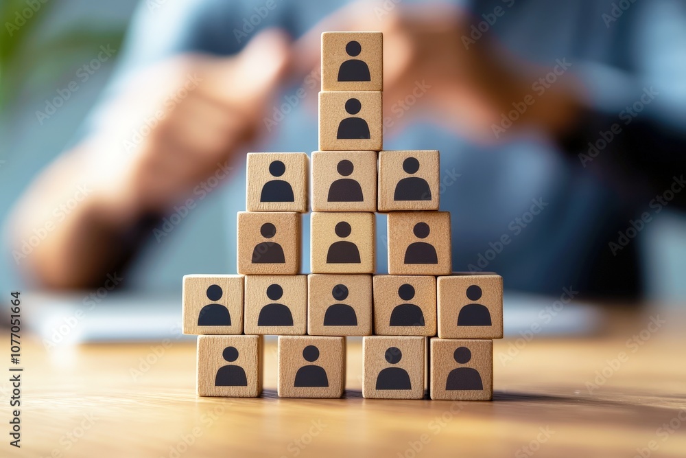 Poster wooden blocks stacked in pyramid formation with human icons symbolizing teamwork, organization, and 