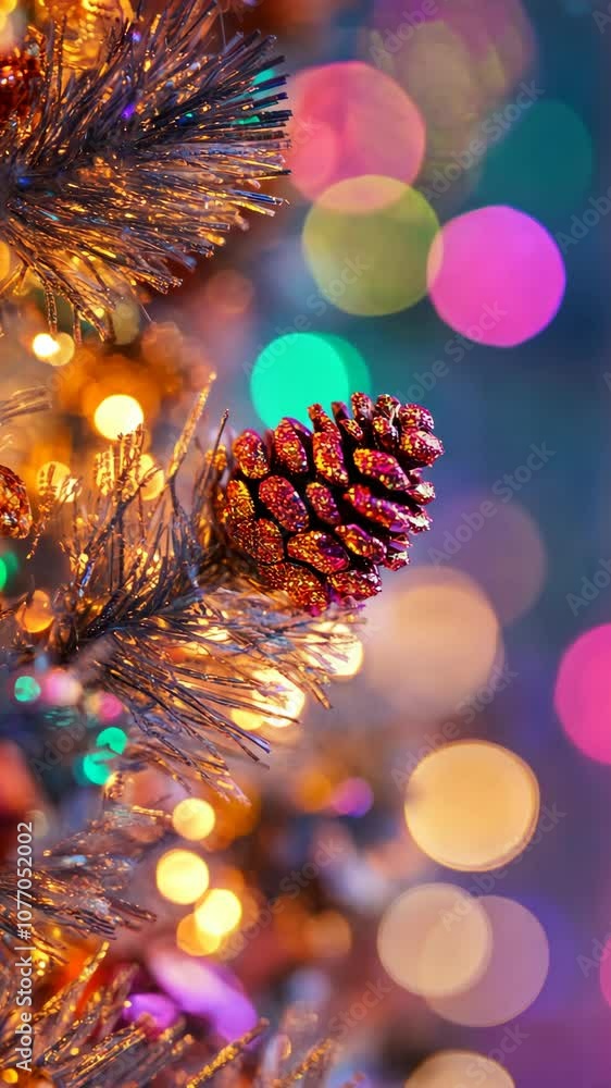 Poster a sparkly pine cone hangs on a christmas tree with twinkling lights in the background
