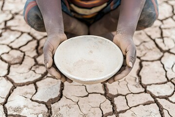 Child sitting in drought-affected land, holding a bowl – Highlighting the impact of climate change, water scarcity, and the struggles of affected communities