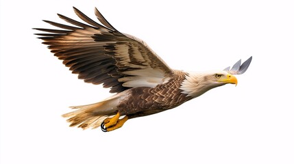 Obraz premium Majestic Eagle in Flight with Outstretched Wings and Sharp Talons Against a White Background, Symbolizing Freedom and Nature's Beauty