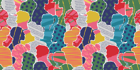 Crowd abstract art. Paper people silhouettes collage with newspaper text cutouts, polka dots and scribbles patterns. Social scrapbooking seamless pattern vector background illustration.