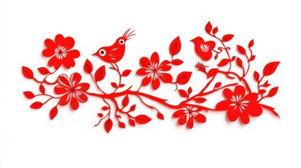 Die-Cut branch with red flowers and birds, white isolate background