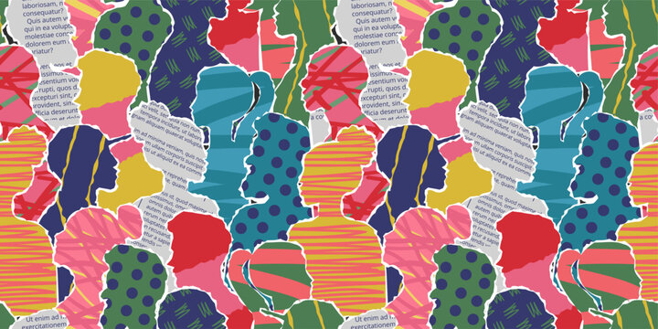 Crowd abstract art. Paper people silhouettes collage with newspaper text cutouts, polka dots and scribbles patterns. Social scrapbooking seamless pattern vector background illustration.