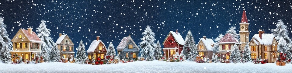 Snowy winter village scene with festive lights