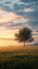 Obraz premium Serene Sunrise Over Minimalist Field with Single Tree