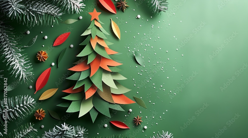 Poster a detailed view of featuring a large content area for writing a colorful paper christmas tree with b