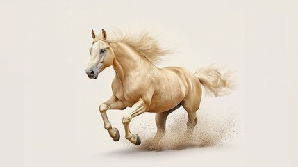 Obraz premium Majestic White Horse Galloping Across Sandy Ground with Flowing Mane and Graceful Movement, Capturing the Essence of Freedom and Nature's Beauty
