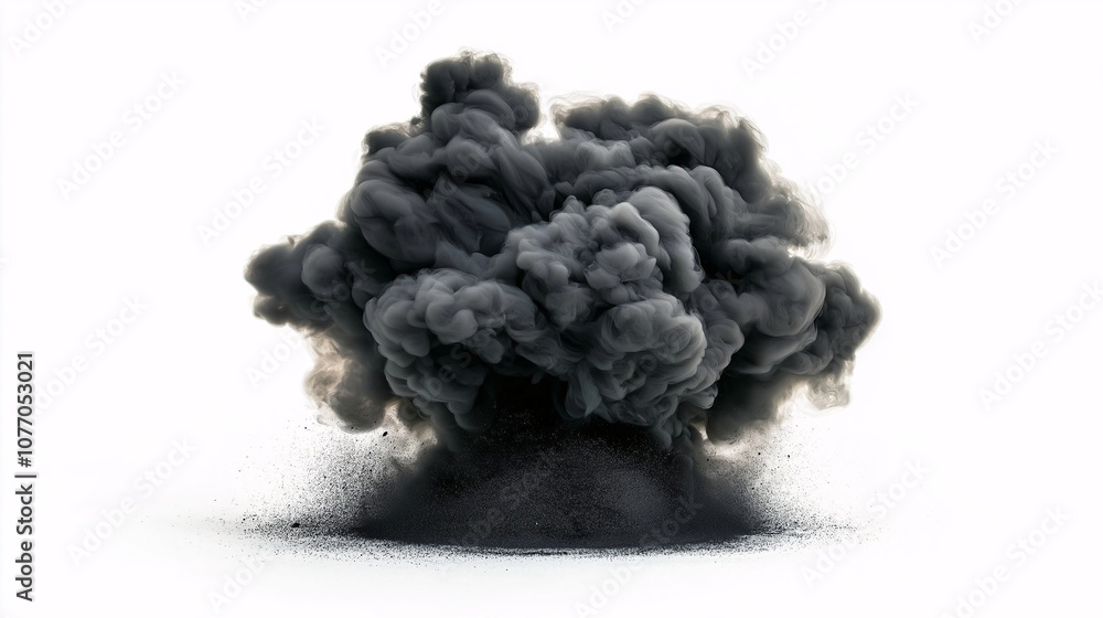 Poster Dramatic Black Smoke Explosion Rising from the Ground with Soft Edges Creating a Mysterious and Atmospheric Effect on a Plain White Background