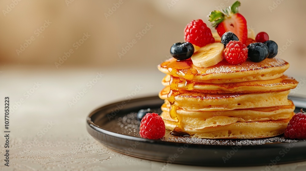 Poster a cheese pancake topped with fruits and honey presented on a pristine dark dish a close shot with ro