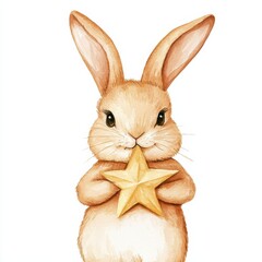 Obraz premium A charming rabbit holds a golden star, embodying whimsy and innocence in a delightful illustration.