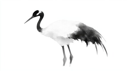 Obraz premium Elegant crane bird, black and white watercolor illustration on white background.