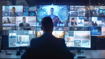 Business professionals in a conference room at night engaging in discussion and collaboration