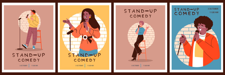 Comedian artist woman, man with microphone perform stand-up comedy show on stage vector announcement poster design set
