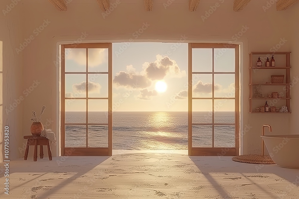Poster a large open window in a room with a view of the ocean