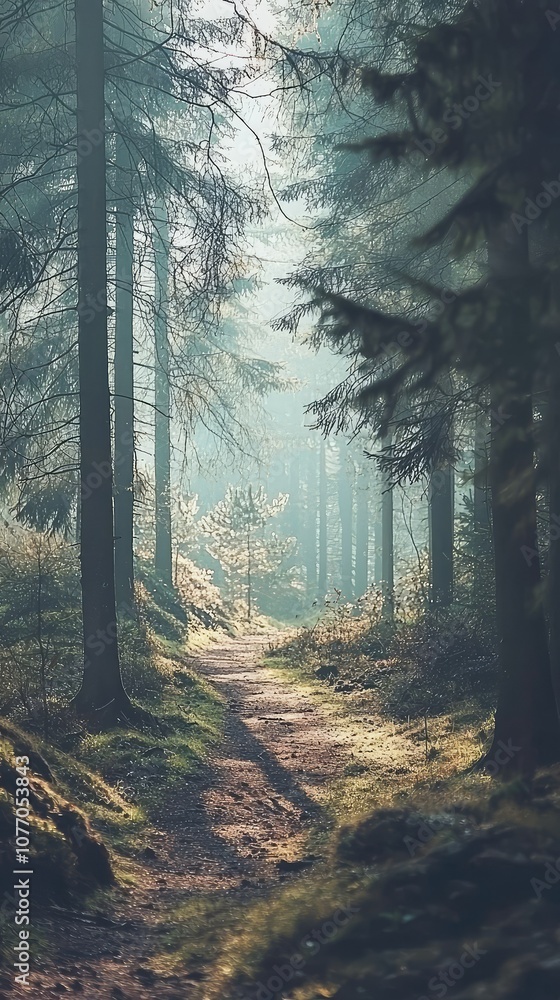 Poster Serene Forest Path with Soft Light Filtering Through Trees