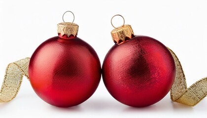 Christmas ornaments isolated on white background. Two red christmas balls with gold ribbon