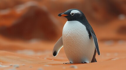 Fototapeta premium A penguin walks through the desert, an AI-generated symbolizing the bizarre and unexpected effects of climate change